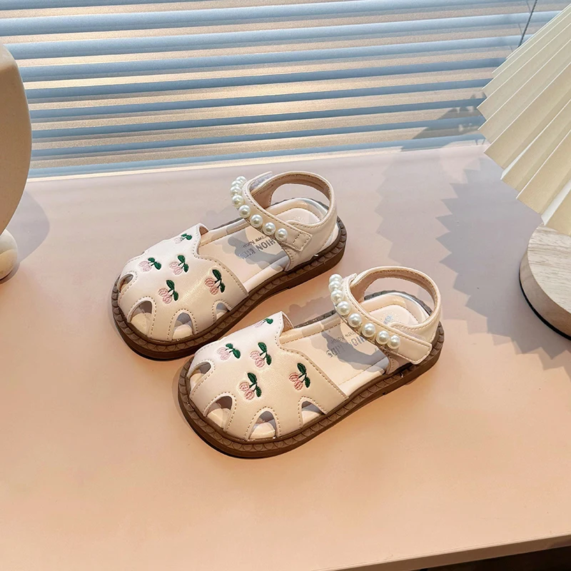 Embroidered Small Cherry Baby Toddler Girl Sandals Summer Kids Beach Shoes Little Girls Close-toed Princess Sandals Beige, Pink