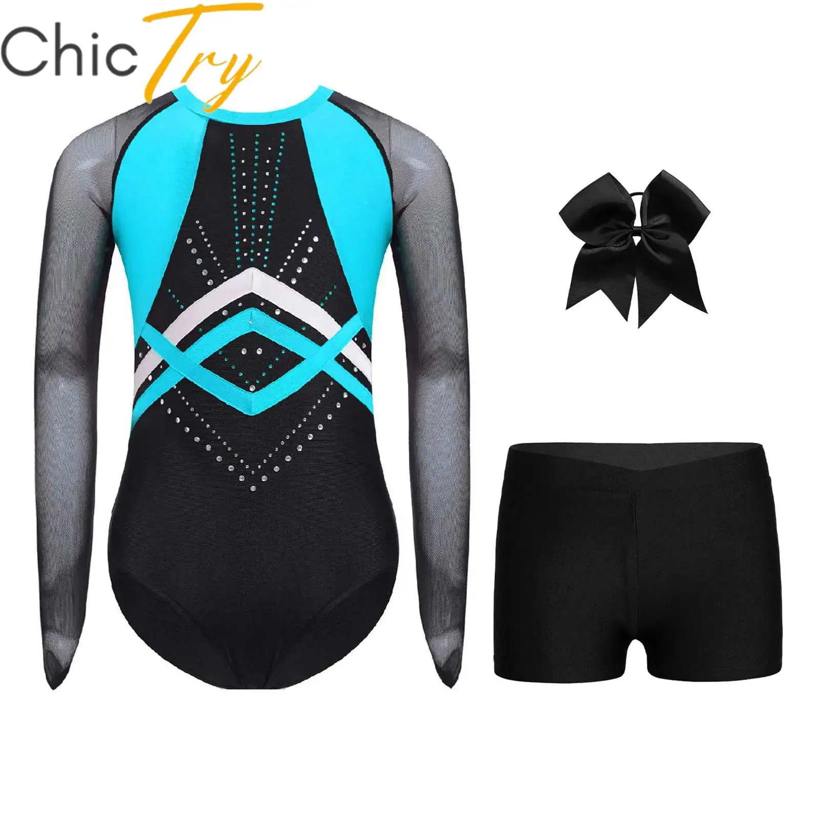 

Kid Girls Ballet Gymnastics Sets Sports Outfit Long Sleeve Rhinestones Leotard with Shorts and Headwear Figure Skating Dancewear