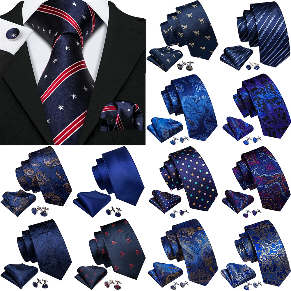 

Navy Blue Red Stripe Necktie For Men Classic Silk Pocket Square Cufflinks Sets Business Suit Ties Formal Party Gifts Barry.Wang