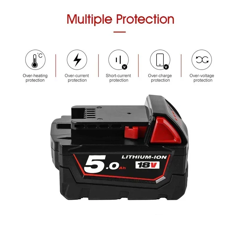 5.0Ah 6.0Ah 18V M18  Rechargeable Battery Replacement for Milwaukee M18B Lithium XC 48-11-1850 48-11-1862 48-11-1840 48-11-1828