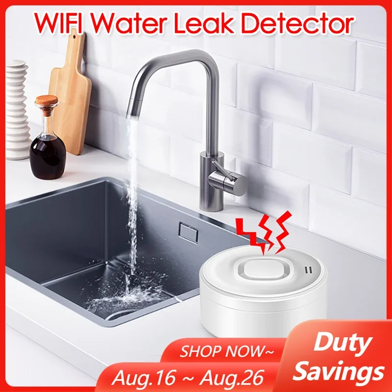 Smart WIFI Water Leak Detector 100dB High-Volume Alarm Remote Real-Time APP Alerts Wireless Stereo Sensor for With Alexa Google
