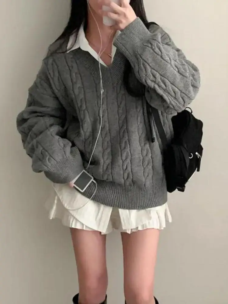 

Korean Chic Women Grey Blue Long Sleeved Pullovers Sweater Autumn Winter Beige V-neck Slim Holiday Knit Tops Simplicity Popular