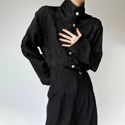 Niche Retro Chinese Style Embroidered Jacquard Shirt Cuban Collar Shirt Autumn Ashion Design Stand Collar Long Sleeve Shirt Men