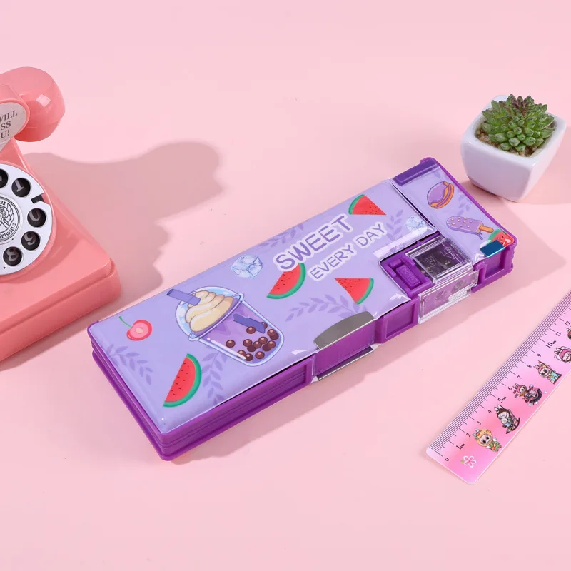 Cute Double Sided Cartoon Pencil Box with Sharpener Multifunctional Student Pen Case Children School Stationery Box