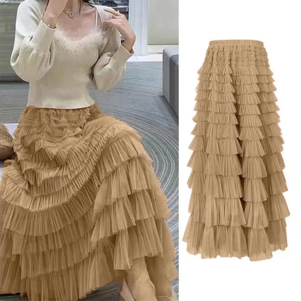 

Autumn Winter Tutu Cake Skirts Women Elegant Cascading Ruffles Long Skirts Female Elastic Waist Party Lace Skirt Tulle Skirt
