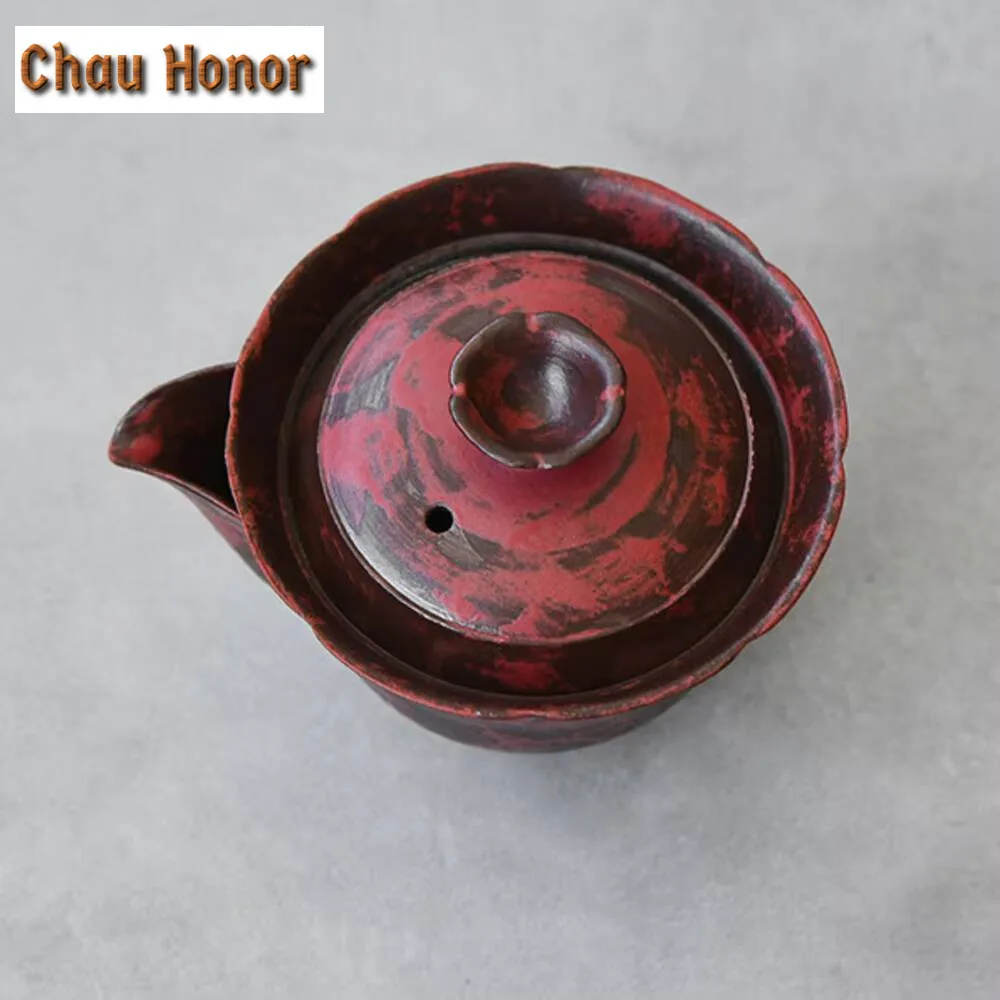 150ml Japanese Powder Yin Red Makeup Teapot Handmade Rough Pottery Hand Grab Moon Pot Tea Brewing Kettle Tea Ceremony Decoration