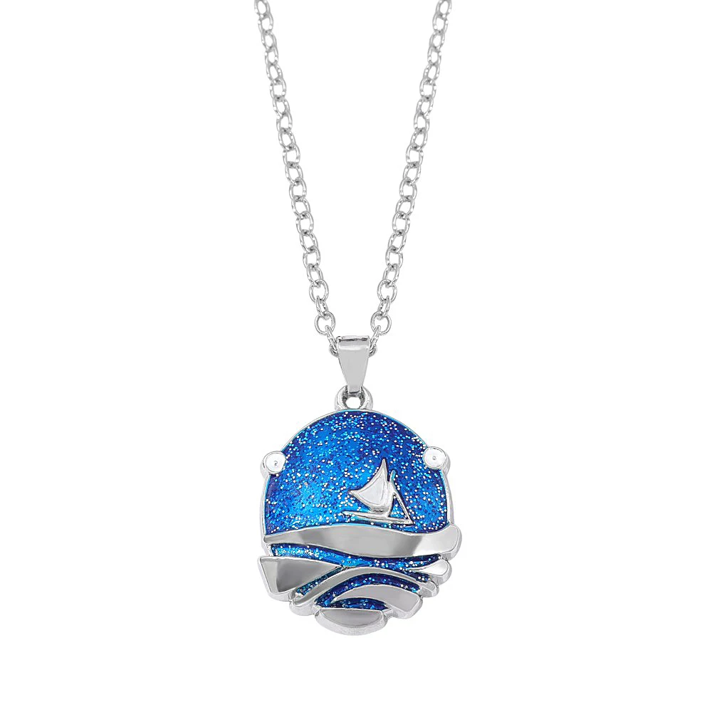 Blue Glitter Enamel Sailboat Ocean Wave Pendant Necklace Nautical Sea Landscape Statement Jewelry Gift for Women