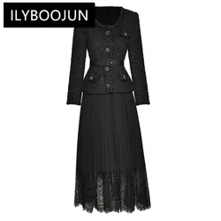 ILYBOOJUN Fashion Designer Autumn Winter Dress Women Long sleeve Belted Tweed Patchwork Black Lace Pleated Party Dresses