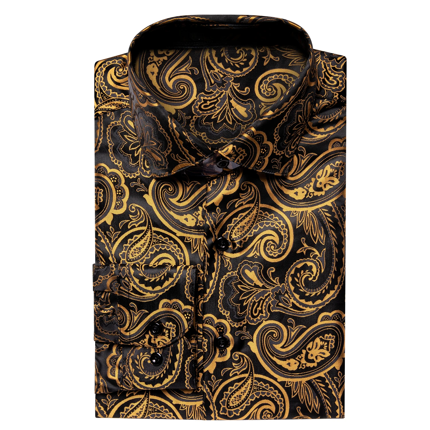 Hi-Tie Silk Mens Shirts Black Gold Long Sleeve Slim Fit Paisley Lapel Brooch Shirt For Male Business Wedding Party Gift Designer