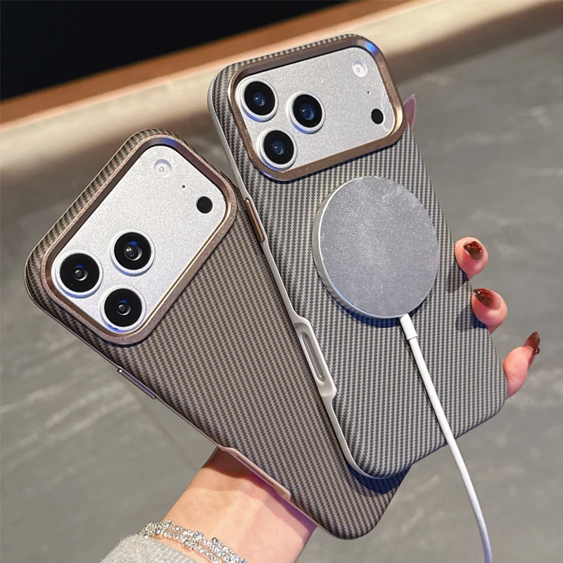 Luxury Carbon Fiber Phone Case for iPhone 17 16 15 14 13 Pro Max Metal Lens Frame Magnetic Shockproof Cover for Magsafe Case
