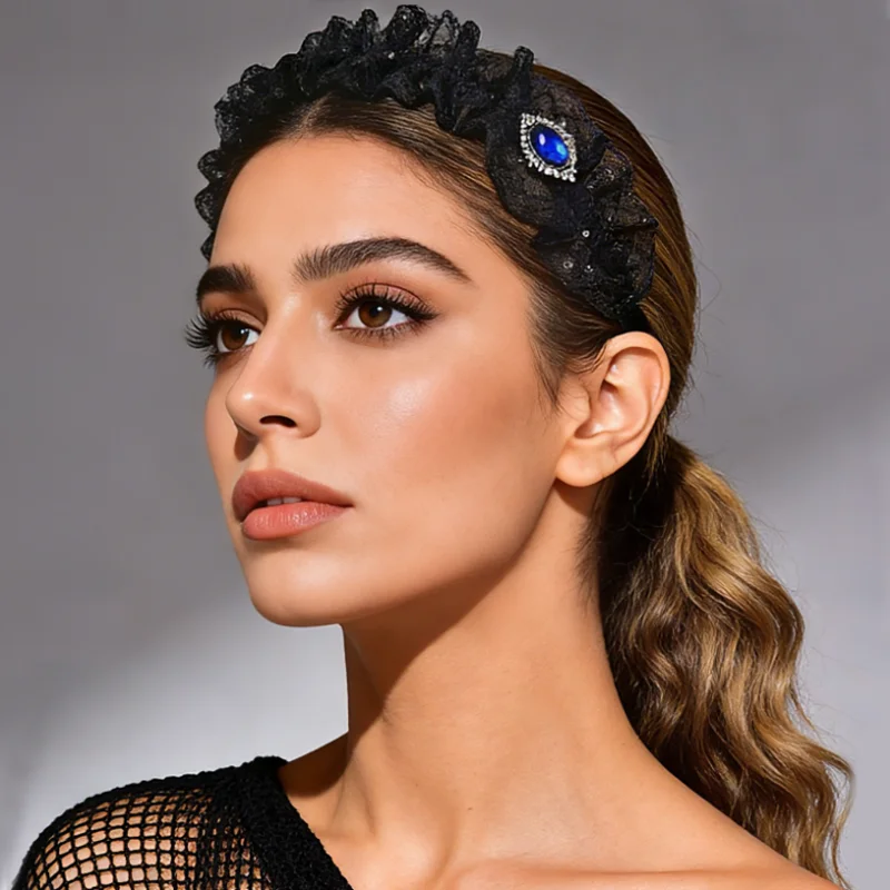 Lolita Style Ruffles Pleated Lace Sequin Headband Hairpin Wash Face Wide Edge Hair Hoop Hairbands Women Party Hair Headdress
