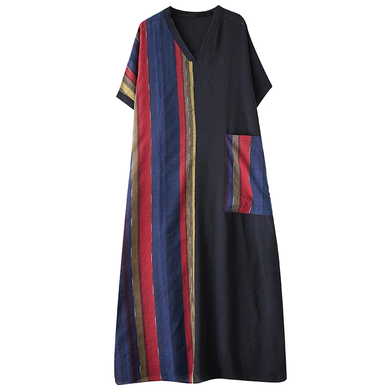 NYFS 2025 صيف جديد فساتين امرأة الخامس الرقبة Vestidos رداء Ete فام Elbise موضة مخطط كم قصير القطن الكتان فستان طويل