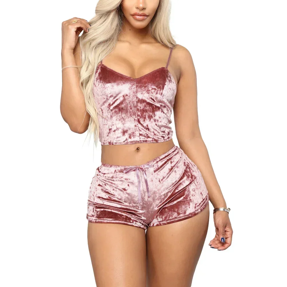 Women Sexy Lingerie Set Oil Shiny Nightwear Super Soft Short Sleepwear Sleeveless Crop Tops Solid Shorts Pajamas Set Casual Wear