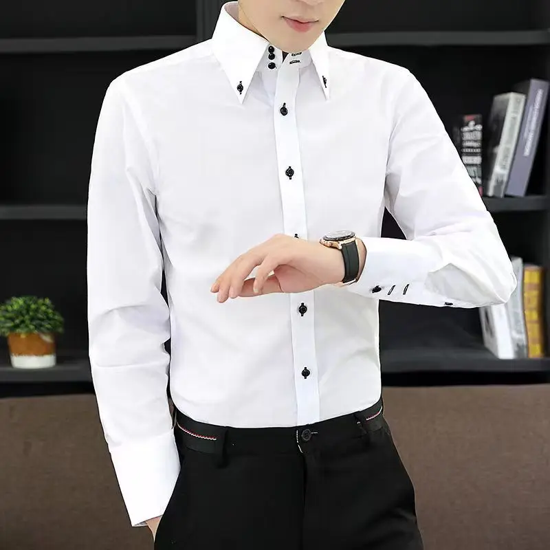 Fashionable White Shirt for Men，Casual Slim Fit with Long Sleeves and Drill Buckle Turtleneck Dress Shirt Korean Size M-3XL 4XL