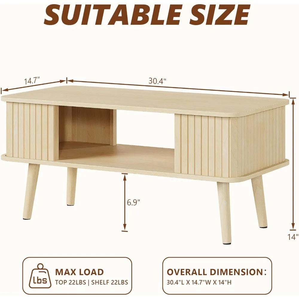 Coffee Table with Storage Center Table for Living Room Rectangle Coffee Table with Rounded Edges,Easy Assembly, Natural Wo