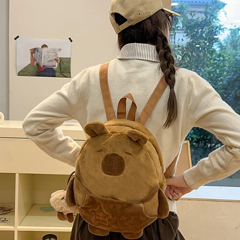 Piece Roomy Capibara Animal Cartoon Crossbody Bag, Plush Couple's Backpack, Fashionable Large Capacity Cotton Bag.