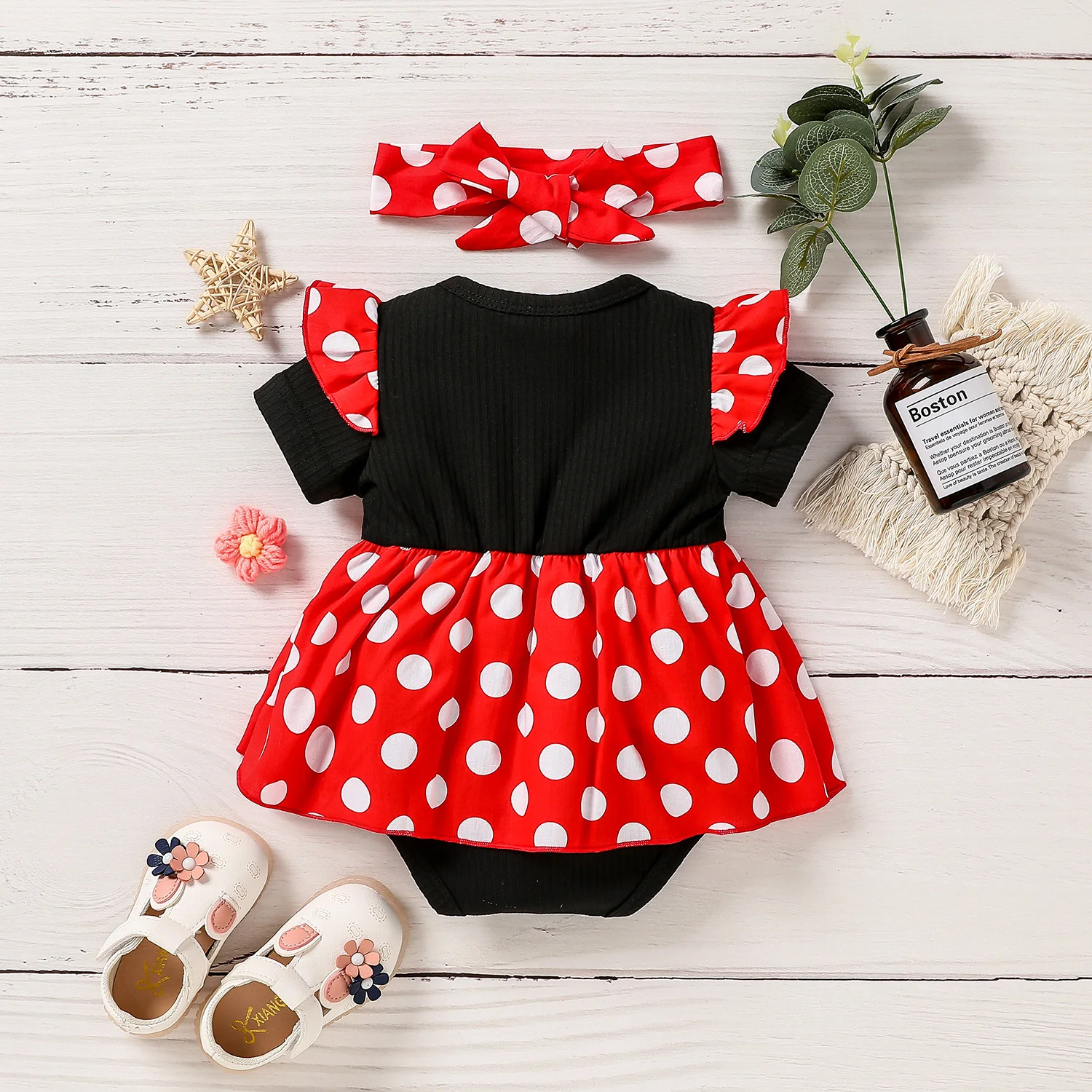 Newborn Baby Girl  Polka dot Dress With Bow Outfit - Soft Summer Wear for Infants - Cute  Clothig +Headband