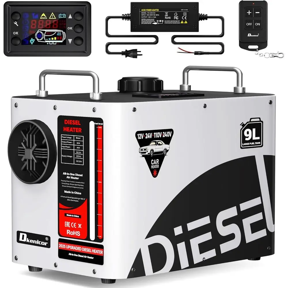 

8kW Diesel Air Heater with 9L Tank, Compatible with 12V/24V/110V/240V, LCD Switch, Remote Control, Suitable for Trucks, RVs, Hom