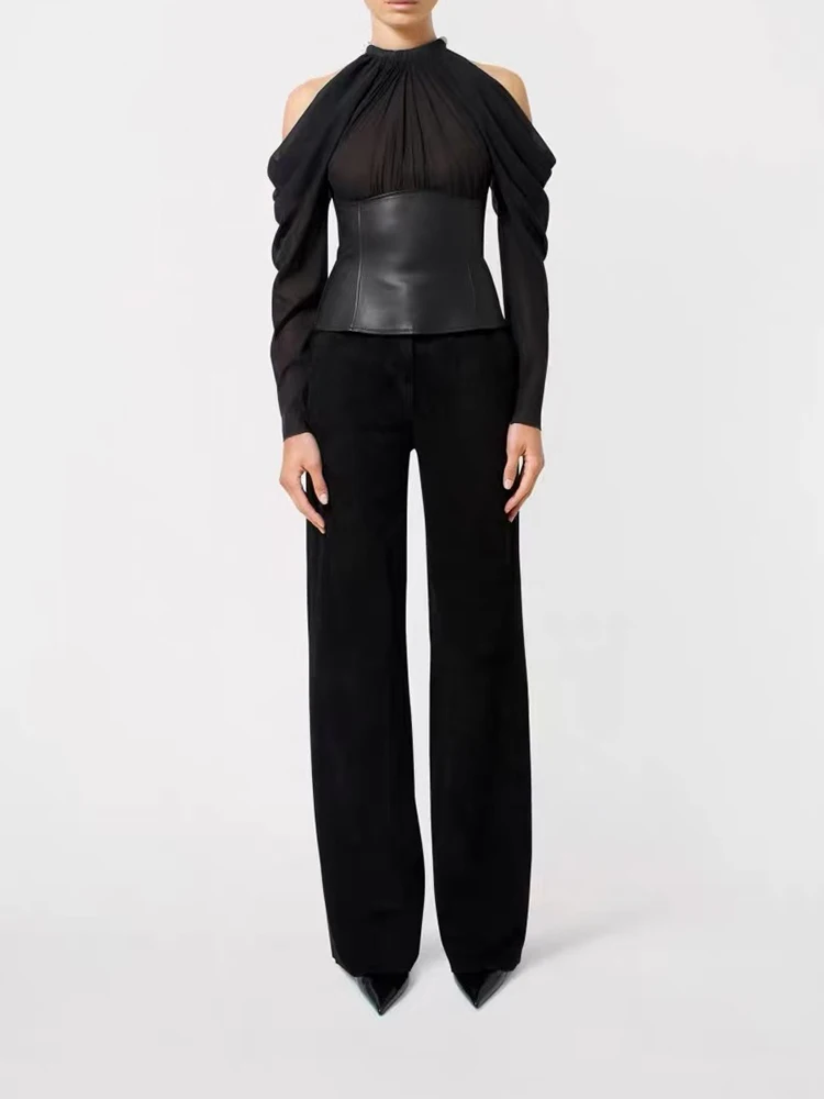 

A niche design, off-the-shoulder, sexy, waist-cinching, pleated leather patchwork, slimming and form-fitting top 2025 new style