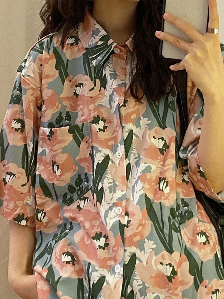 

Floral Shirts Women Vintage Loose Aesthetic Summer Streetwear Unisex Fashion Holiday Cool Korean Style All-match Daily Simple