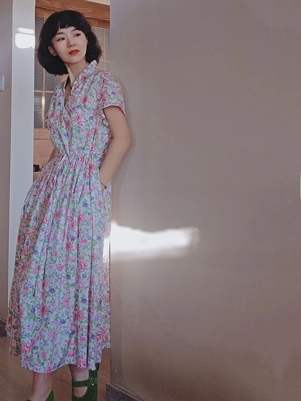 

Floral Vine Vintage Style Mid-Length Cotton Dress New Summer Loose Fit Overhead Original Design High Waist Gored Skirt