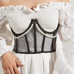 Summer Lace-up Cummerbund Women Wide Corset Belt  Pearl Chain Transparent Mesh Corset Waist High Waist Bustiers Top Boned Corset