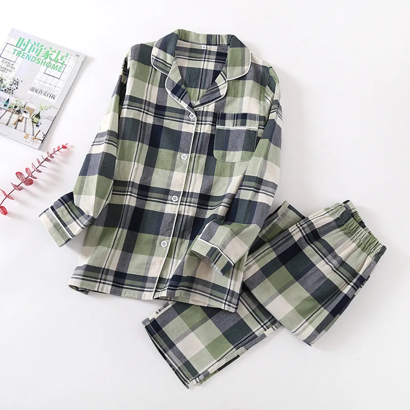 Spring And Autumn Men And Women Cotton Double Gauze Long Sleeve Trousers Suit Couple Summer Thin Pajamas Home Service Plus Size