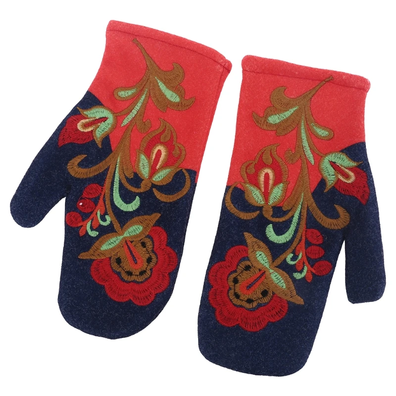 

652F Women Winter Outdoor Warm Gloves Windproof Breathable Colorblock Floral Embroidery Faux Cashmere Cold Weather Mittens