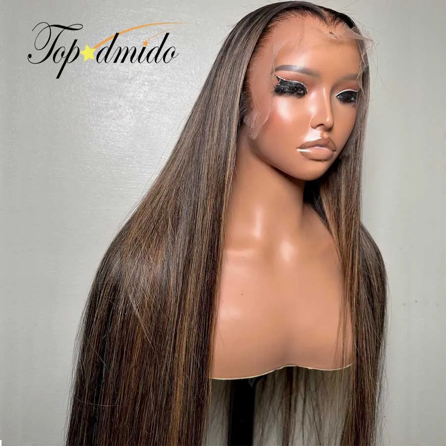 Topodmido-Peluca de cabello humano liso para mujer, postizo de encaje frontal 13x4 con densidad de 250, Color resaltado, pelo de bebé peruano