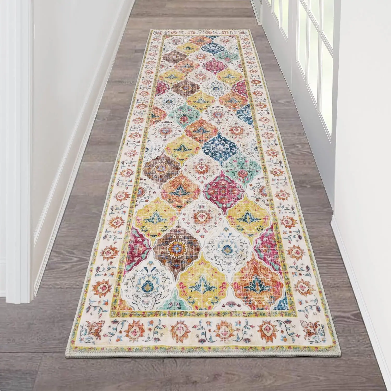VIKAMA Teal Vintage Oriental Runner Rug, Non‑Slip Washable Waterproof Hallway Entryway Indoor Floor Mat Decor