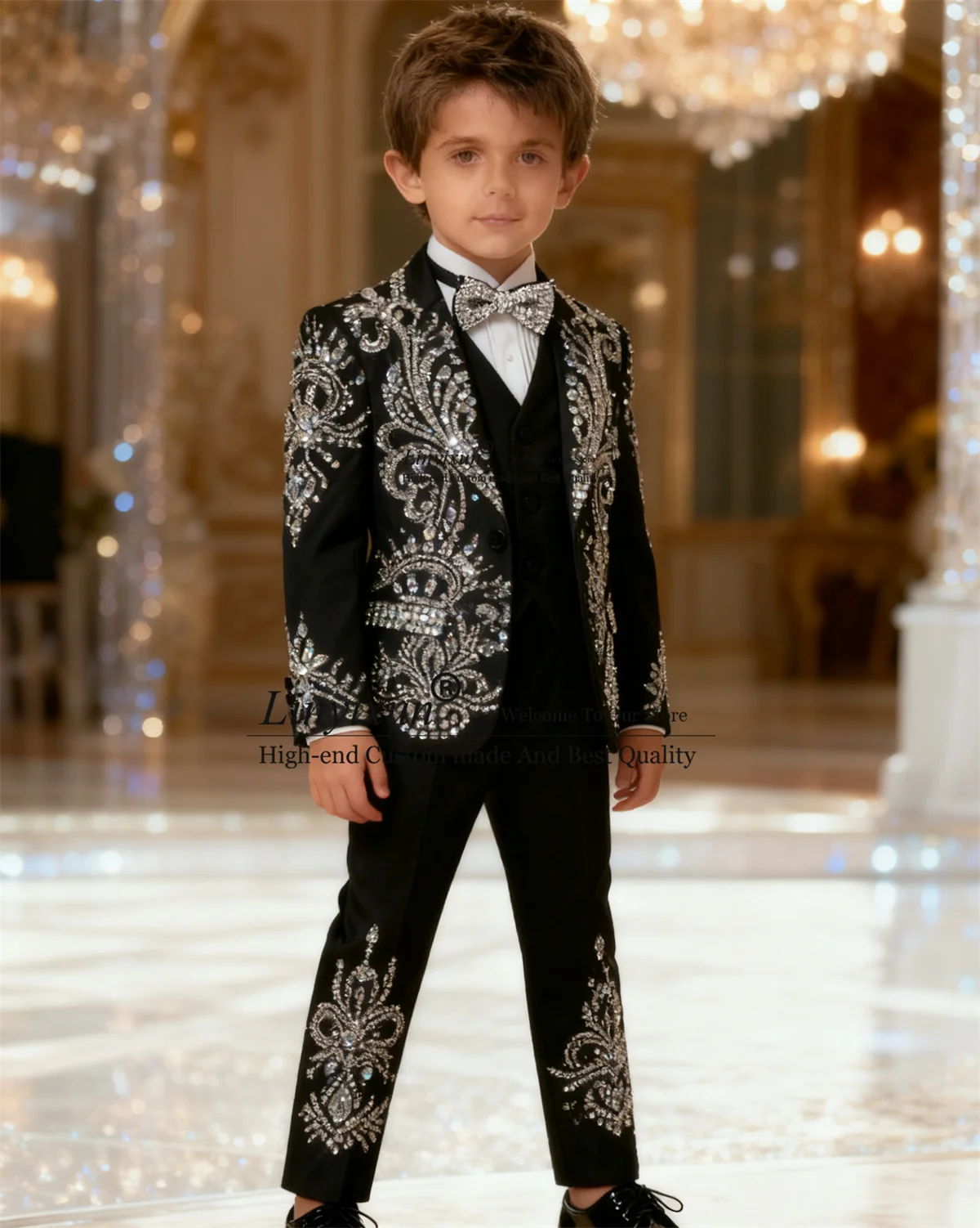 

Glitter Rhinestons Gem Kids Suits 3 Pieces Sets Boys Wedding Party Prom Tuxedos Customized Chlidren Slim Fit Ropa Blazers