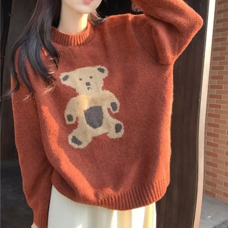 OCEANLOVE Cartoon Bear Women Sweaters Autumn Winter Korean Fashion Sweet Pullovers Cute Loose Vintage Sueters De Mujer