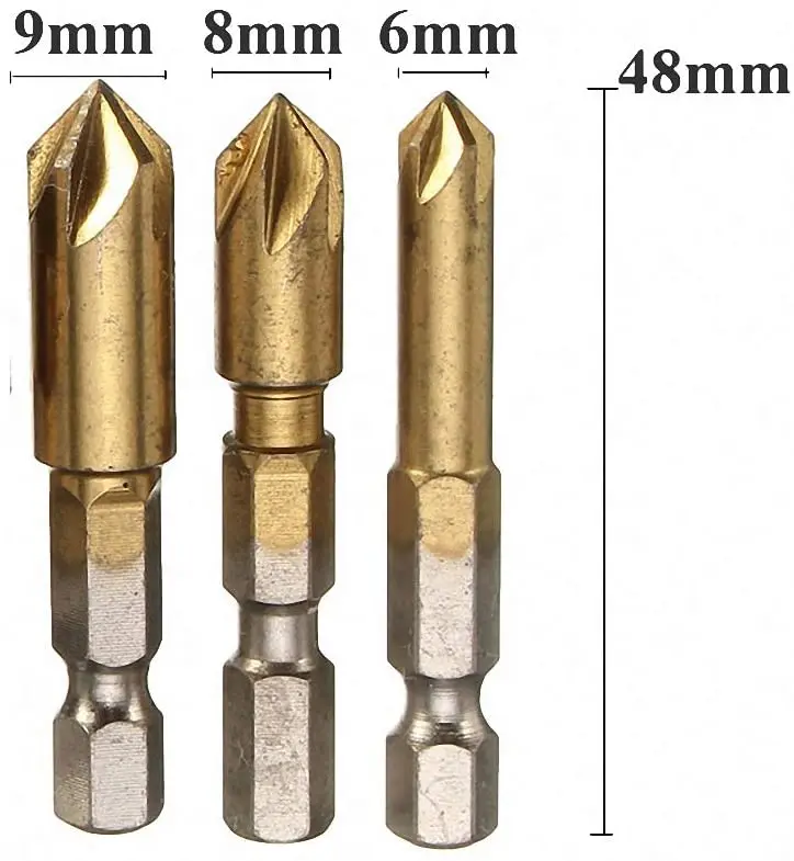 3pcs 6pcs HSS punta per smusso svasatore smusso punta da trapano 1/4 "codolo esagonale 90 gradi taglierina per smussatura legno 6mm-19mm