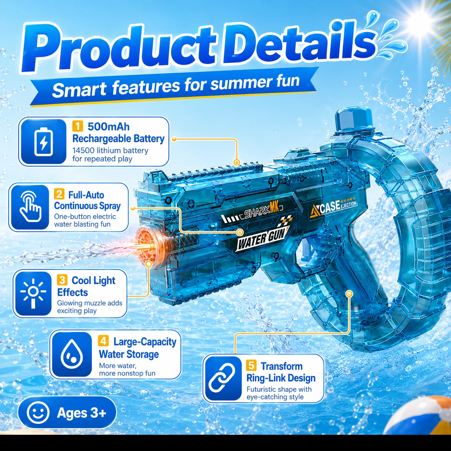 Electric Space Water Gun for Kids Large Capacity Spray Water Blaster with Cool Lights Summer Outdoor Pool Beach Toy