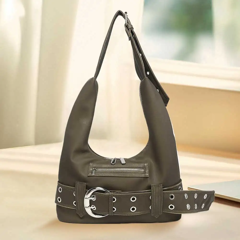 

PU Leather Y2K Tote Bag Cool Girl Shoulder Bag Vintage Belt buckle Motorcycle Bag Commute Underarm Pouch Travel Shopping Handbag