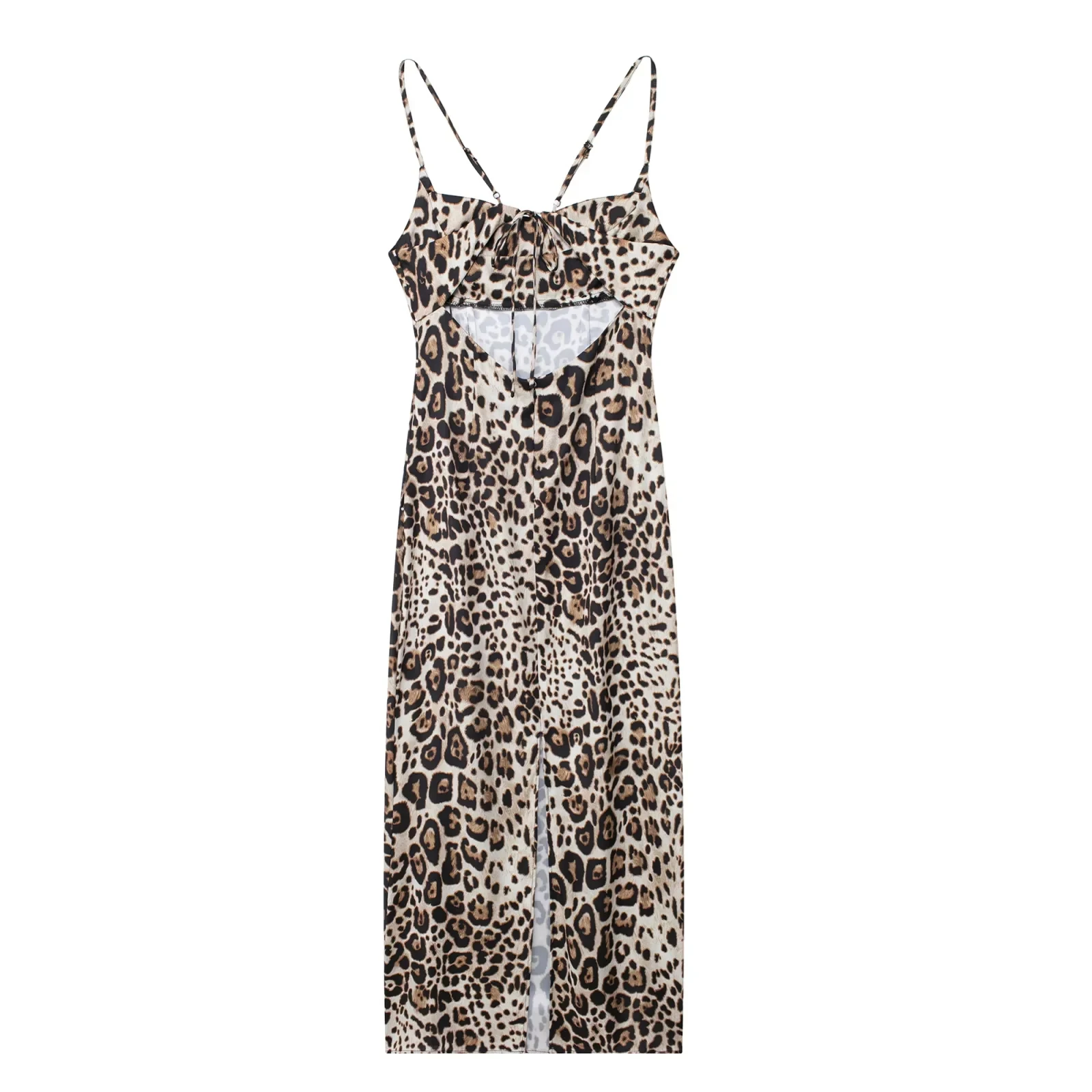 TRAFZA Vintage Leopard Print Women Dress Fashion 2024 Summer Cami Sleeveless Slash Neck Back slit Dress Elegant Party Dress