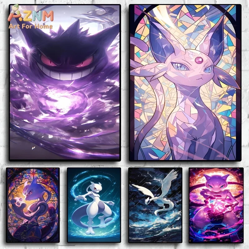AZNM Pokemon Stained Glass Canvas Print Unframed Gengar Mewtwo Espeon Lugia Cool Battle Anime Poster Teen Bedroom Wall Decor Art