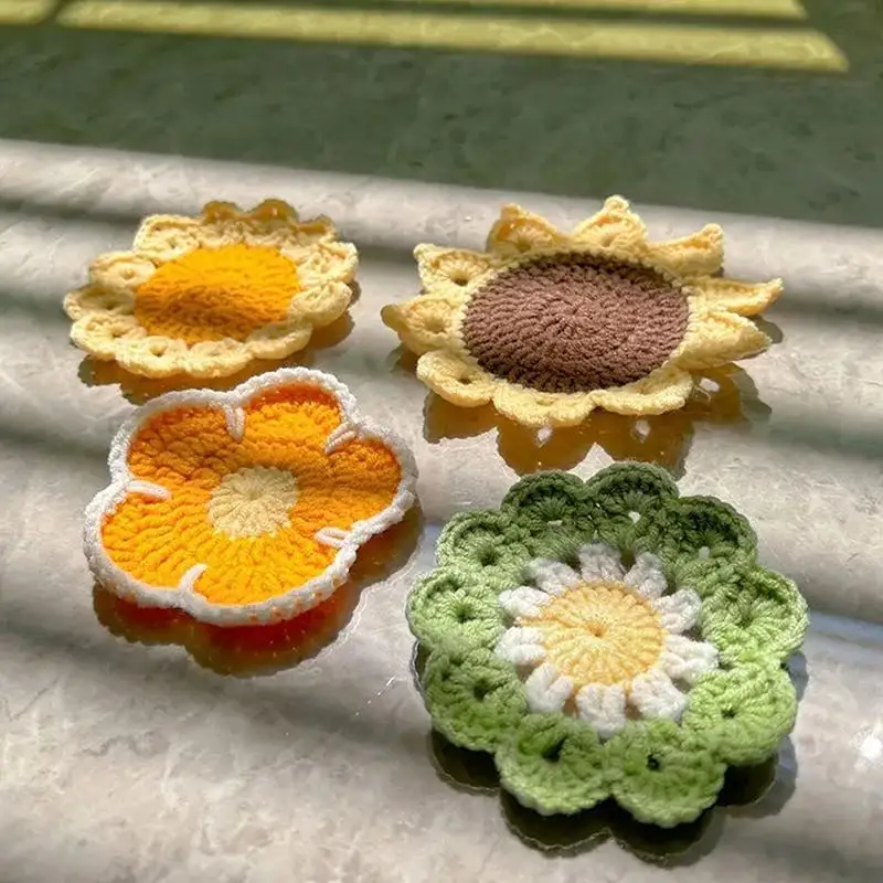 Handmade Knitted Flower Coaster Crochet Tea Cup Pad Absorbent Table Mat for Kitchen Dining Room Party Decorations
