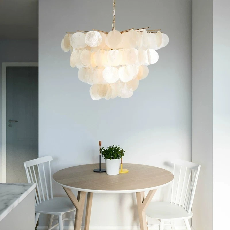 Modern Natural Capiz Shell Chandelier Gold Frame Tiered Hanging Pendant Light Bohemian Coastal Style LED Lamp for Living Room