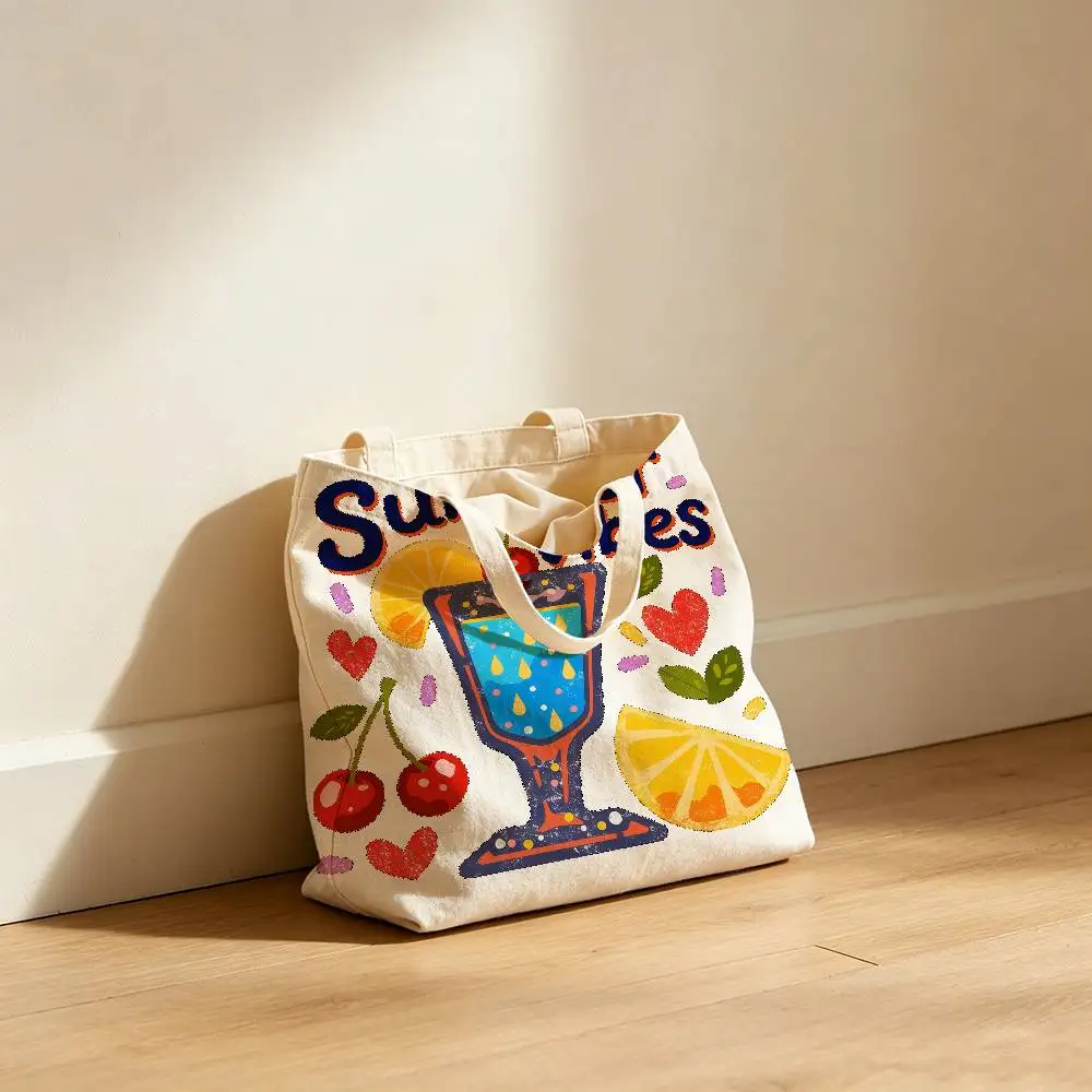 Summer Drink Canvas Tote Bag Waterproof Lining Large Capacity Reusable Shopping Bags Casual Student Daily Handbag