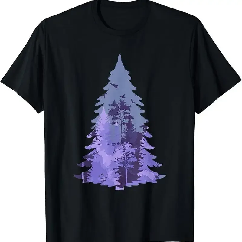 

Purple Forest Pine Tree Graphic Tee Men Breathable Cotton T-Shirt Outdoor Trip