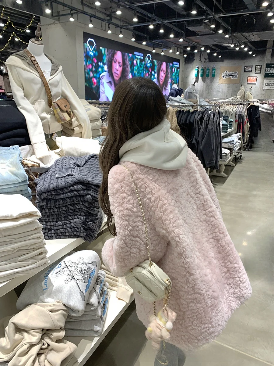 

Розовое женское зимнее пальто из натуральной кожи и меха V-Ne с мехом ягненка Callmeear, повседневное свободное длинное пальто