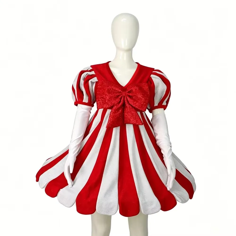 Women Red White Striped Clown Costume+Long Gloves Christmas Carnival Halloween Festival Singer Performance Fancy Party Dress