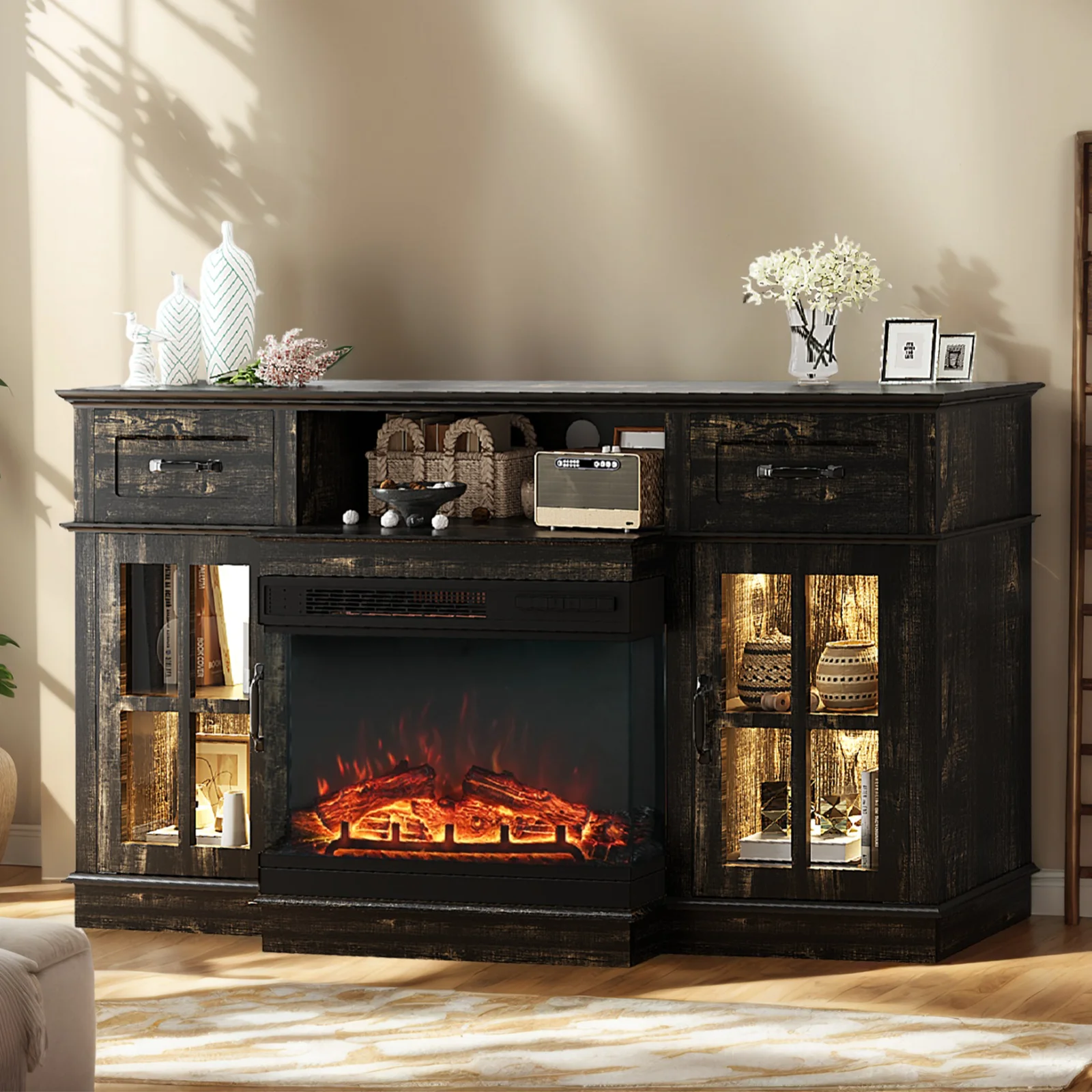 58 Inch Black Gold Oak Electric Fireplace TV Stand with 2 Doors 2 Drawers and Display Shelf Featuring Lattice Glass
