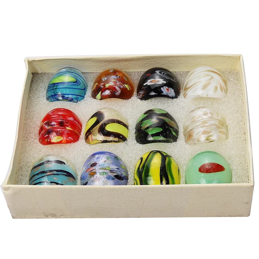 Wholesale Lots 12Pcs Summer Mixed Styles Murano Glass Lampwork Ring Birthday Men Women\'s Wedding Party Valentine Fashion Jewelry