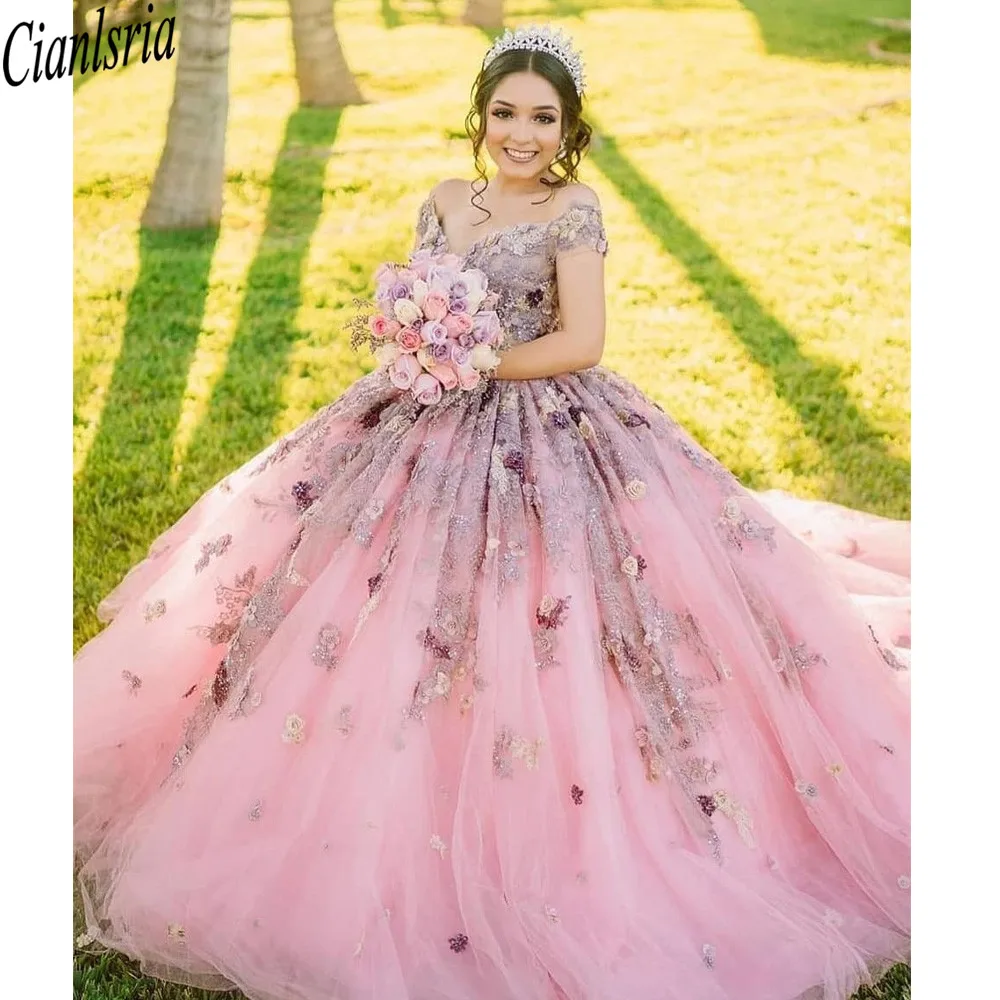 Luxury Short Sleeve Off The Shoulder Ball Gown Quinceanera Dress Handmade Flowers Appliques Sweet 16 Dress Vestidos De 15 Años