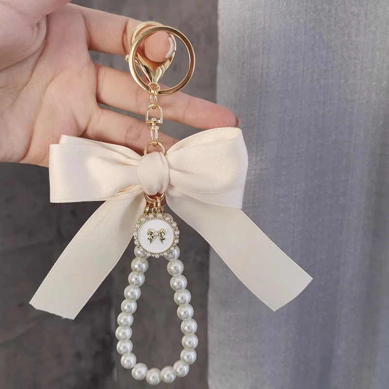 

Faux Pearl Bow Keychain Cute Beaded Bracelet Key Chain For Purse Bag Backpack Car Charm Ribbon Key Bag Pendant Accessories