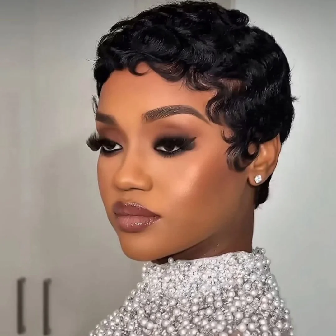 Remy Short Chioma Wavy Pixie Curl Human Hair Machine Made Wig For Black Women