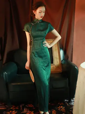 Improved Qipao Green Slim Height Split Long Women's Vintage Chinese Style Old Shanghai Daily Life Dress
