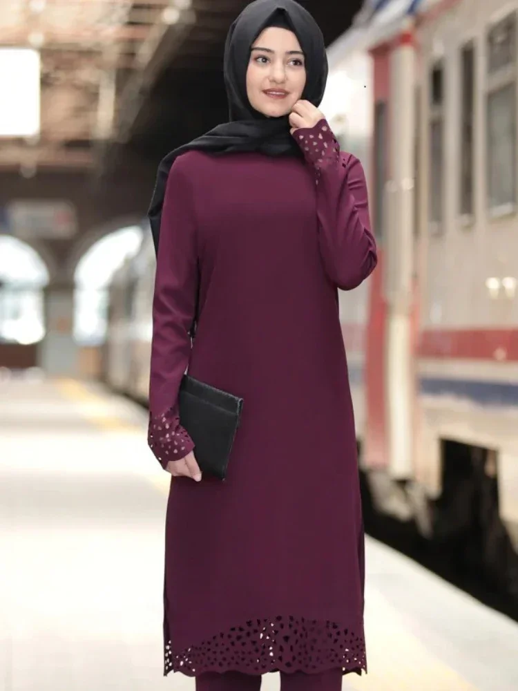 Turkey Muslim Dress Women Long Top Hollow Solid Islamic Clothing Hijab Dresses Moroccan Kaftan  Party Vestidos Abaya 2020